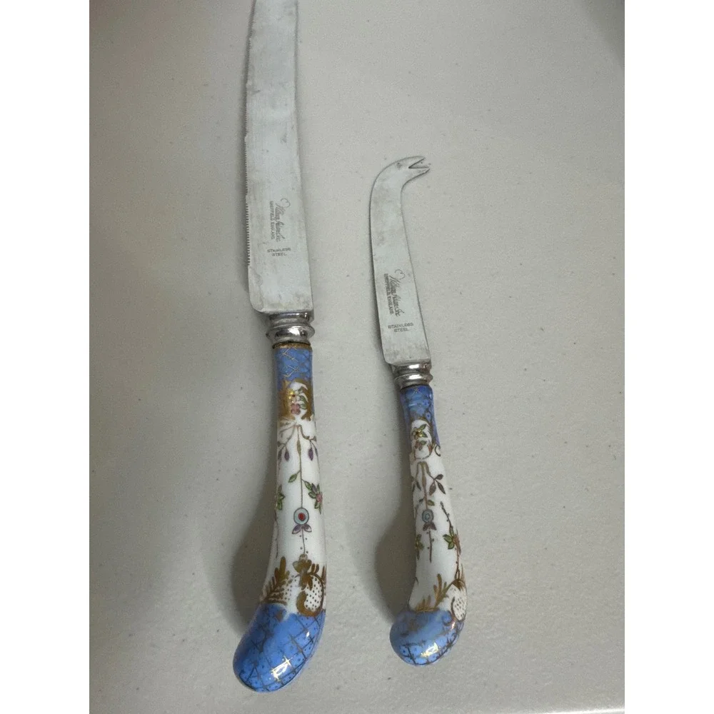 William Adams Sheffield England Stainless Knife Set Floral Ceramic Handles 2pc